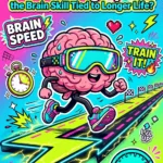 How to improve processing speed brain: Gen Z cartoon of a brain racing a lightning-bolt track with stopwatch and speedometer motifs, doctorbiohacks.com badge
