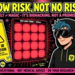 What is the downside of red light therapy: Gen Z illustration of a person in protective goggles in front of a glowing red light panel with a caution sign, doctorbiohacks.com badge
