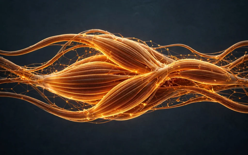 Abstract glowing amber muscle-fibre motif on a dark slate background, symbolising strength training for longevity.