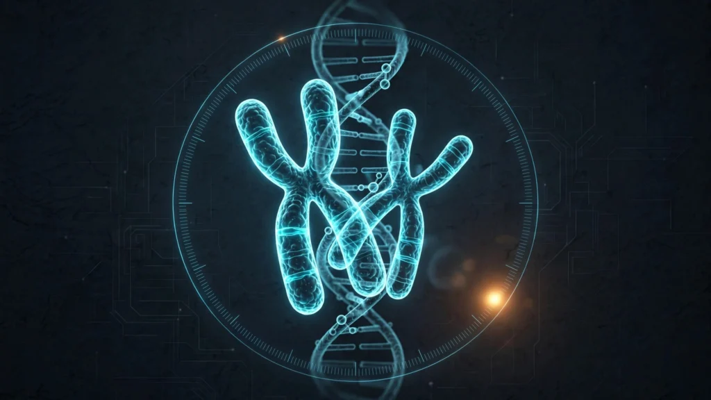 Sex chromosomes longevity: a stylized illustration of X and Y chromosomes floating beside a DNA helix, with a faint heartbeat line and clock face in the background symbolizing aging and longevity.
