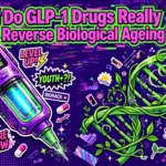 Gen Z style illustration asking do GLP-1 drugs slow ageing, showing a glowing injection pen and a DNA helix turning into vines